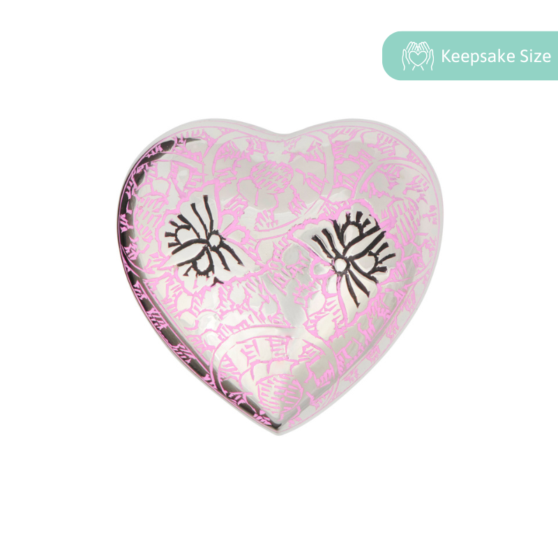 Butterfly Heart Keepsake in pink with intricate floral and butterfly design, ideal as a unique memory gift for special occasions.