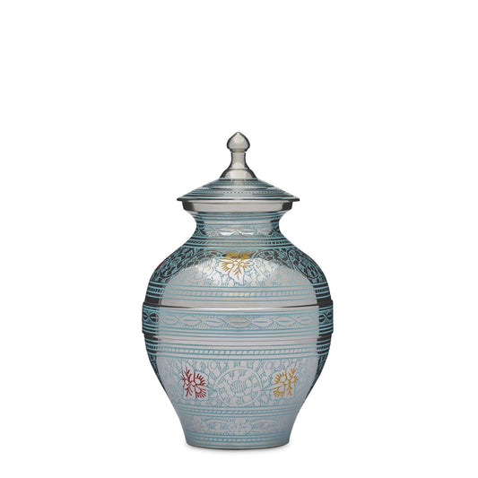 Butterflies Urn Medium with intricate blue and silver detailing, ideal for affordable memorial keepsakes and elegant remembrance.