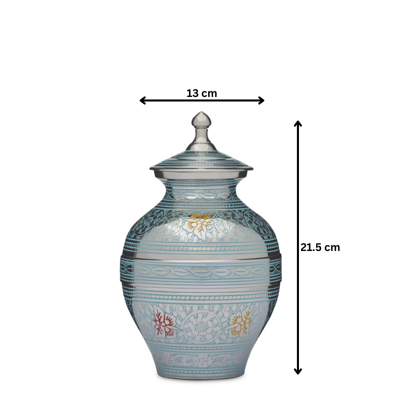 Butterfly Urn Medium measuring 21.5 cm tall and 13 cm wide, featuring detailed blue patterns and colorful butterfly accents for memorial use.