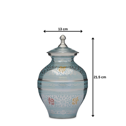 Butterfly Urn Medium measuring 21.5 cm tall and 13 cm wide, featuring detailed blue patterns and colorful butterfly accents for memorial use.