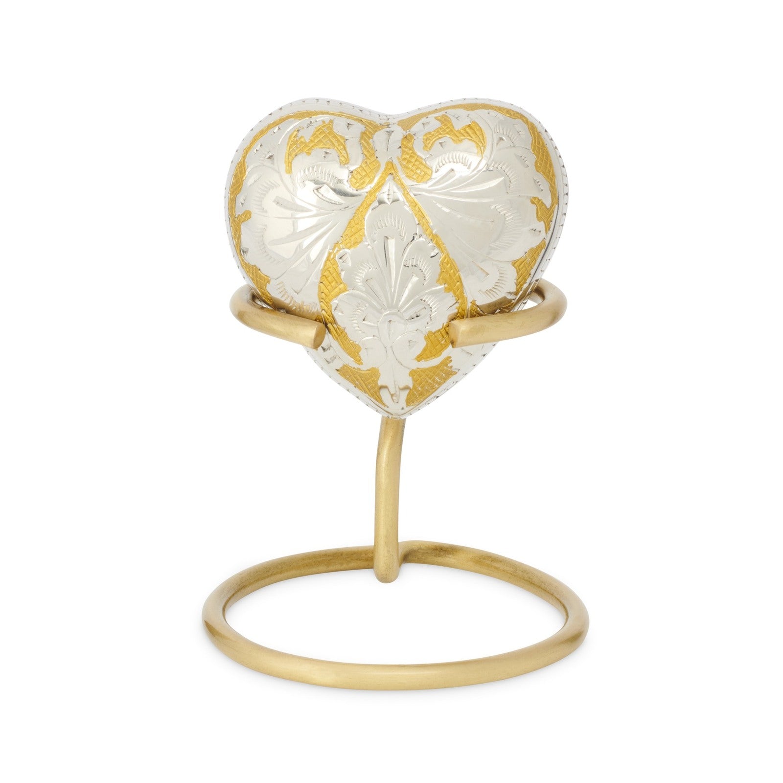 Dynasty Heart Keepsake Urn - Heart Keepsake Urn displayed on a gold stand, showcasing its elegant design and compact keepsake size.