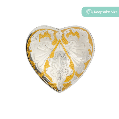 Dynasty Heart Keepsake Urn - Heart Keepsake Urn in silver and gold with intricate floral engraving, ideal for memorializing loved ones.