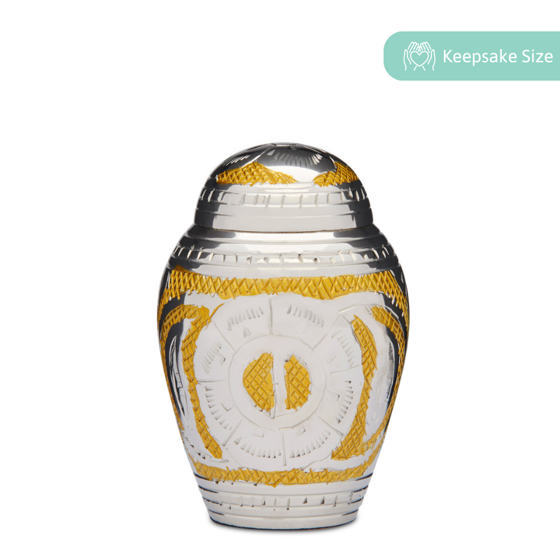Dynasty Keepsake Urn - Gold Silver Brass Keepsake Urn with intricate silver nickel and gold detailing. Ideal for memorial keepsakes, includes velvet box.