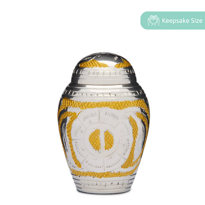 Dynasty Keepsake Urn - Gold Silver Brass Keepsake Urn with intricate silver nickel and gold detailing. Ideal for memorial keepsakes, includes velvet box.
