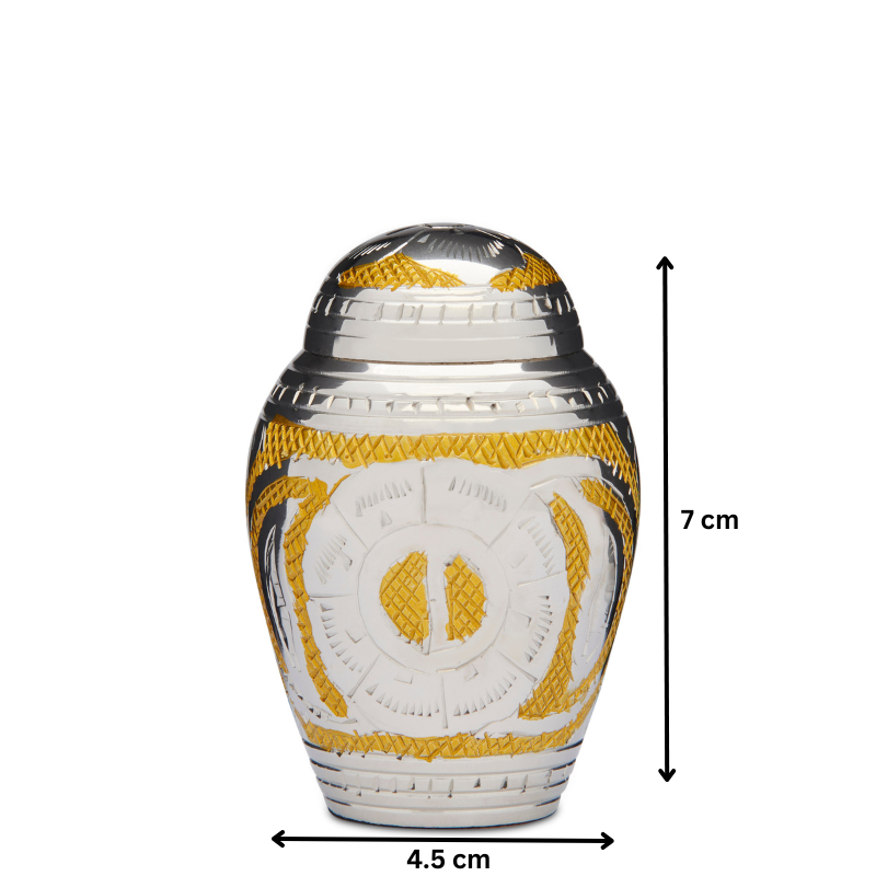 Dynasty Keepsake Urn - Gold Silver Brass Keepsake Urn measuring 7 cm tall and 4.5 cm wide. Elegant design for storing 40ml of ashes.