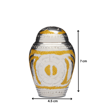 Dynasty Keepsake Urn - Gold Silver Brass Keepsake Urn measuring 7 cm tall and 4.5 cm wide. Elegant design for storing 40ml of ashes.
