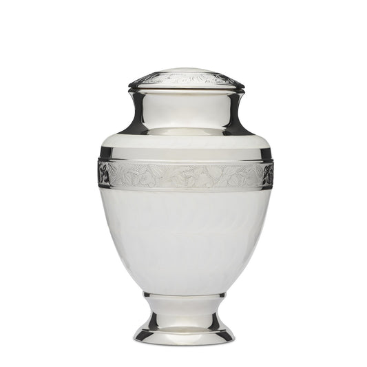 Elegant Adult White Urn with silver accents and intricate detailing, ideal for memorials and honoring loved ones' memories.