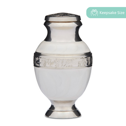 Elegant Keepsake White Urn with silver detailing, ideal for memorials and honoring loved ones. Compact and timeless design for lasting remembrance.