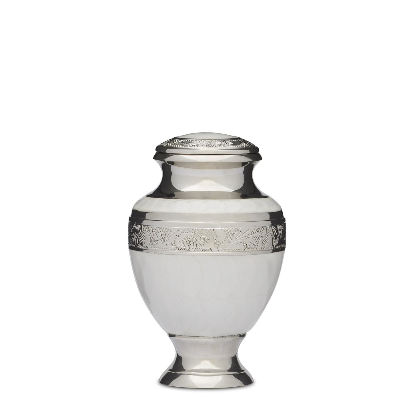 Elegant White Medium Dresser - Storage Solution | Classic Design, featuring a sleek silver urn with engraved detailing and polished finish.