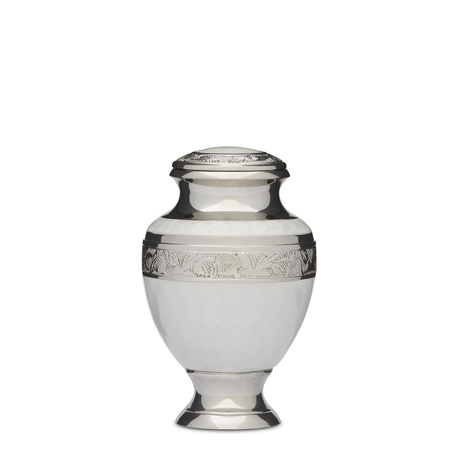 Elegant White Medium Dresser - Storage Solution | Classic Design, featuring a sleek silver urn with engraved detailing and polished finish.