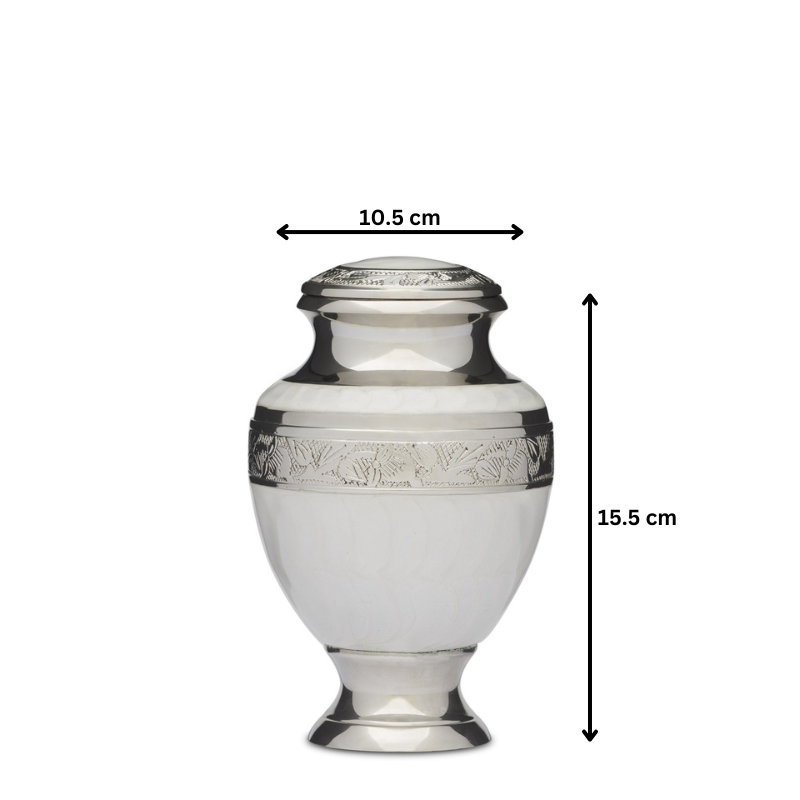 Elegant White Medium Dresser - Storage Solution | Classic Design, silver urn with dimensions 10.5 cm width and 15.5 cm height, ideal for display or storage.