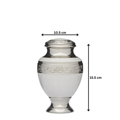 Elegant White Medium Dresser - Storage Solution | Classic Design, silver urn with dimensions 10.5 cm width and 15.5 cm height, ideal for display or storage.