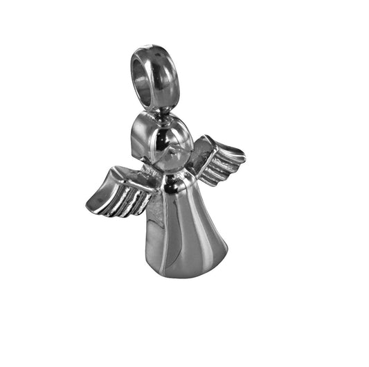Baby Angel Cremation Pendant in polished stainless steel with detailed wings. Ideal angel jewelry necklace for storing ashes discreetly.