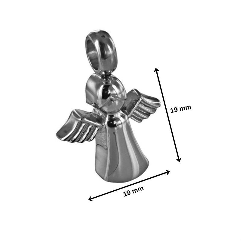 Baby Angel Cremation Pendant with 19 mm dimensions shown. Compact stainless steel angel jewelry necklace for memorial use.