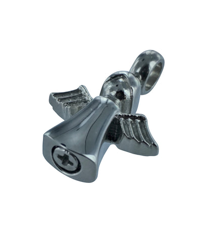 Bottom view of Baby Angel Cremation Pendant showing secure screw closure. Stainless steel angel jewelry necklace for ashes storage.