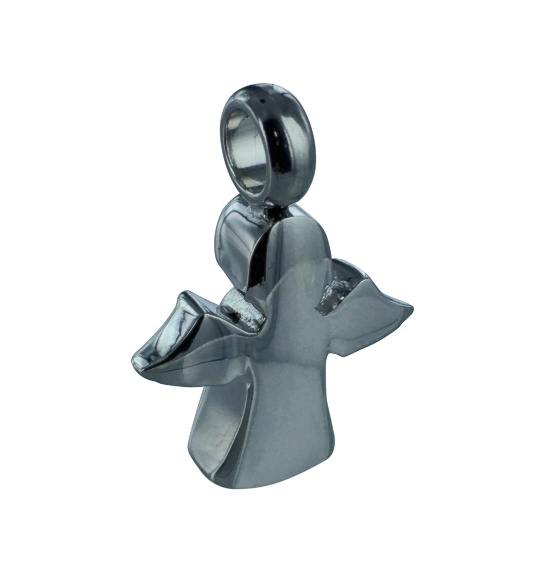 Rear view of Baby Angel Cremation Pendant showing smooth stainless steel finish. Angel jewelry necklace for memorial keepsakes.