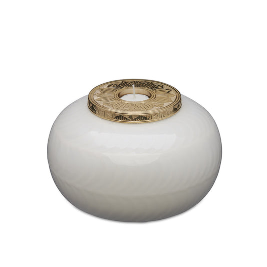 Gold candle urn adult with elegant white ceramic body and ornate gold lid, ideal for memorial settings and honoring loved ones.