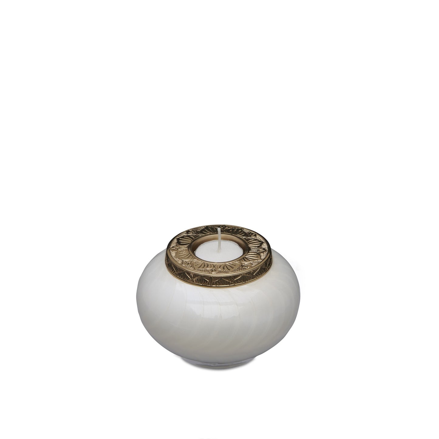 Candle urn keepsake in white with gold detailing, ideal as a memorial gift to preserve ashes or cherished memories.