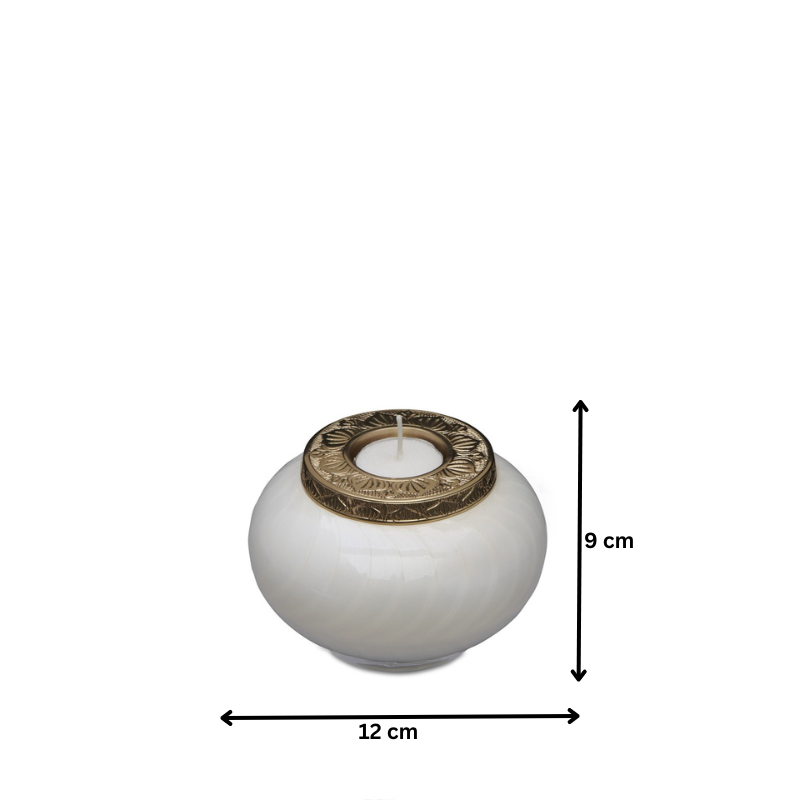 White and gold candle urn keepsake measuring 12 cm wide and 9 cm tall, perfect for memorial gifting and remembrance.
