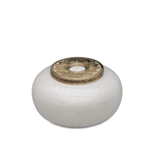 Candle Urn Medium - White Gold Design with intricate lid detailing, ideal as a memorial keepsake for ashes or remembrance candles.