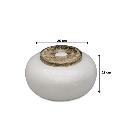 Medium White and Gold Candle Urn measuring 20 cm wide and 12 cm tall, perfect for elegant memorial keepsake displays.