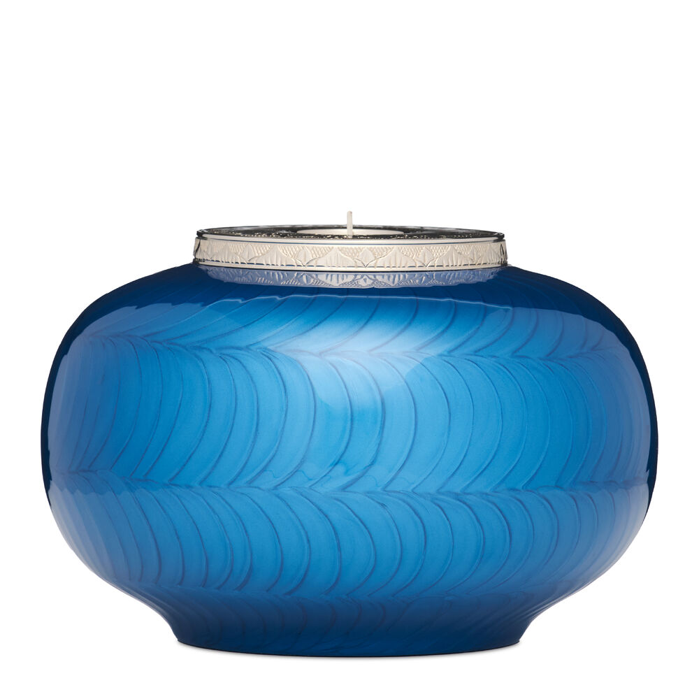 Elegant Classic Blue Silver Candle Urn - Adult featuring a wide rounded body and detailed silver top, perfect for dignified remembrance.