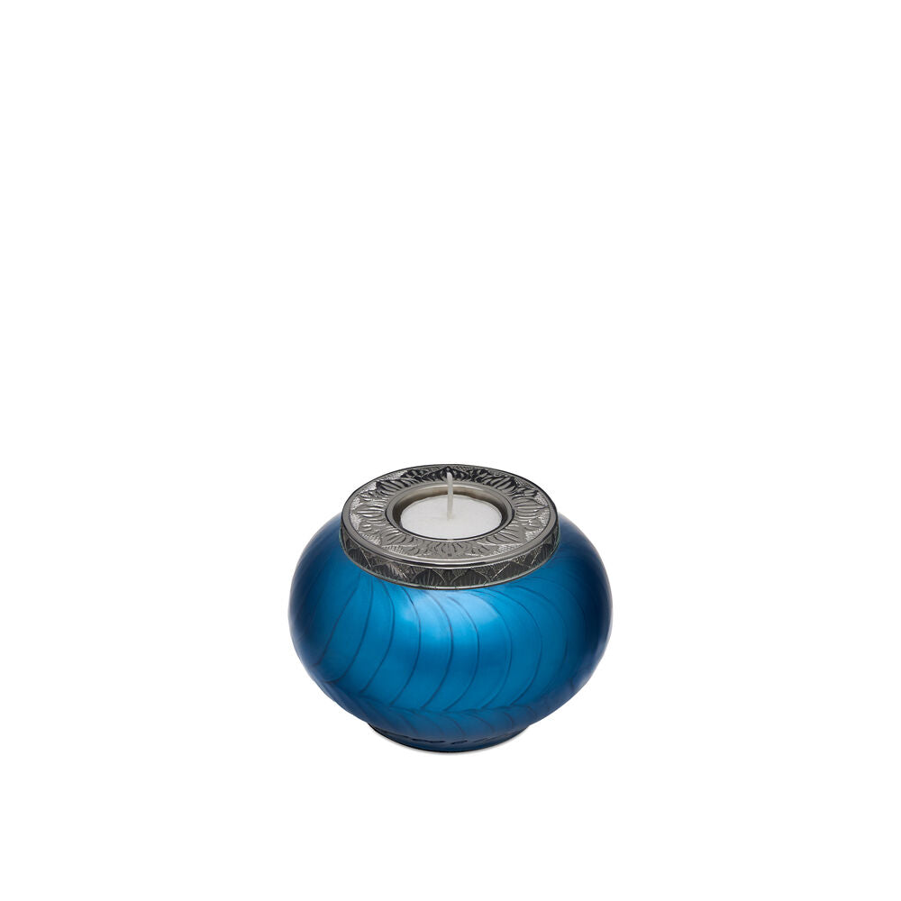 Blue Silver Candle Urn - Keepsake with intricate silver lid and tealight holder, a timeless memorial piece for honoring loved ones.