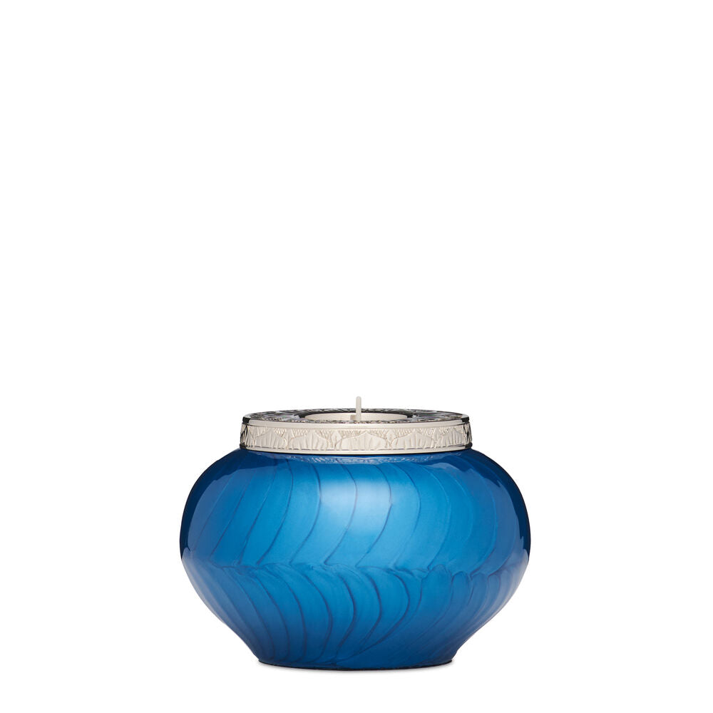 Classic Blue and Silver Candle Urn - Keepsake featuring a curved blue body and ornate silver top, ideal for serene remembrance.