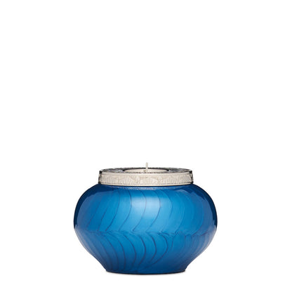 Classic Blue and Silver Candle Urn - Keepsake featuring a curved blue body and ornate silver top, ideal for serene remembrance.