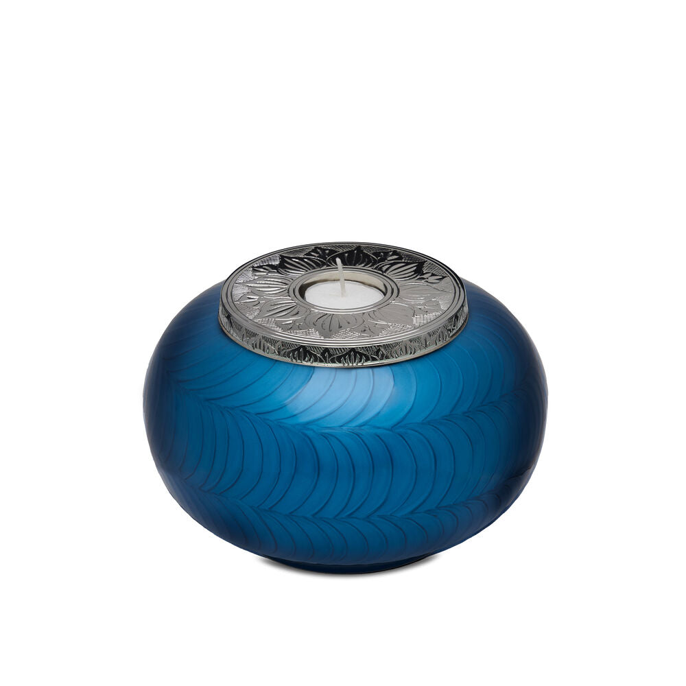 Classic Blue Silver Candle Urn - Medium with engraved silver lid and feathered pattern, ideal for memorial decor and medium-sized spaces.