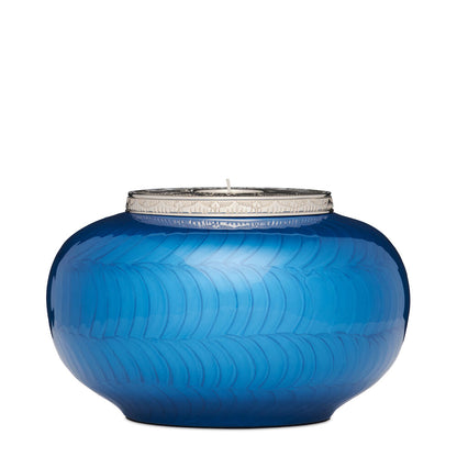 Elegant Classic Blue Silver Candle Urn - Medium featuring glossy finish and silver top, perfect for home ceremonies and remembrance settings.