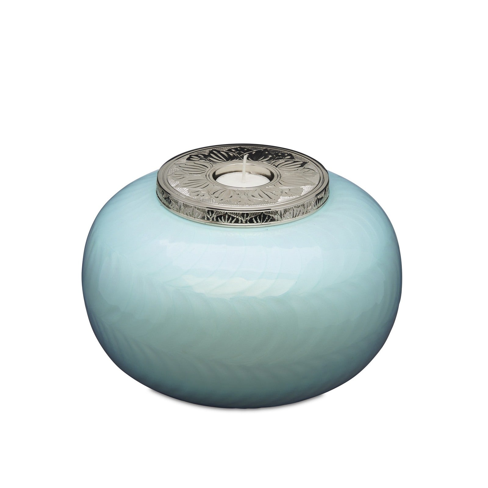 Candle Urn Adult - Blue and Silver Urn for Cremation with elegant round design and silver lid, ideal for a respectful adult memorial.
