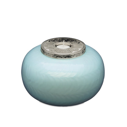 Candle Urn Adult - Blue and Silver Urn for Cremation with elegant round design and silver lid, ideal for a respectful adult memorial.