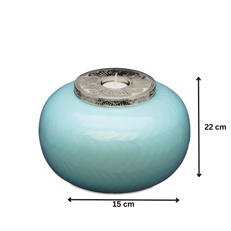 Blue and Silver Candle Urn for adults, 22 cm tall and 15 cm wide, featuring a decorative silver top and glossy blue finish for cremation use.