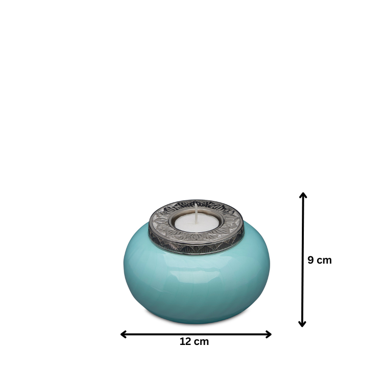 Blue and Silver Candle Urn Keepsake measuring 12 cm wide and 9 cm tall, featuring a detailed silver top and smooth blue finish.