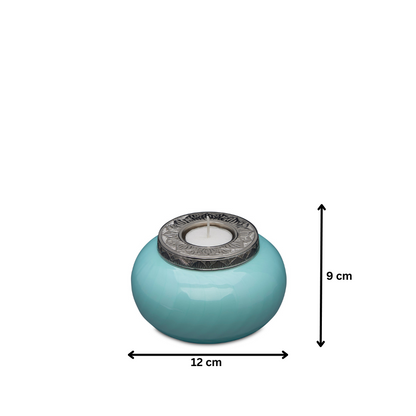 Blue and Silver Candle Urn Keepsake measuring 12 cm wide and 9 cm tall, featuring a detailed silver top and smooth blue finish.