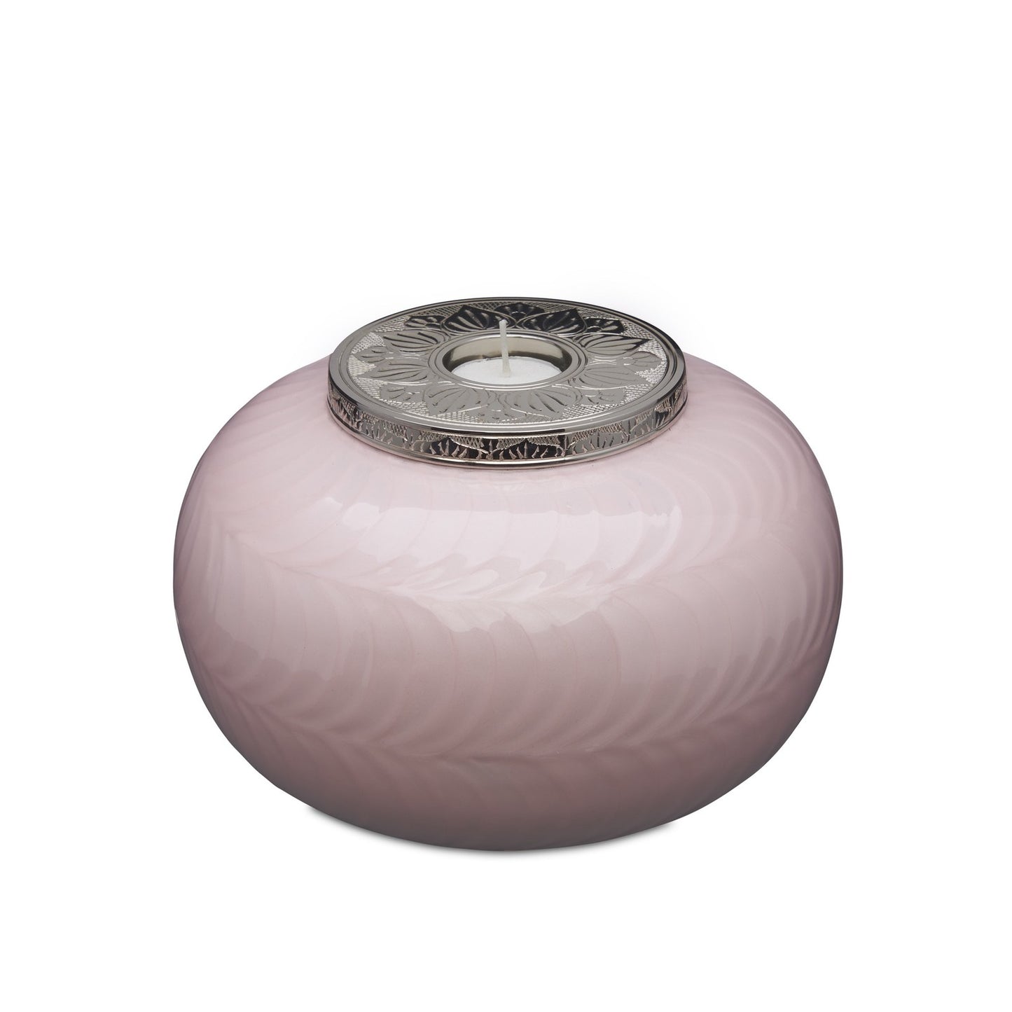 Pink Candle Urn - Adult Cremation with silver lid and elegant leaf pattern, ideal for a stylish and respectful memorial tribute.