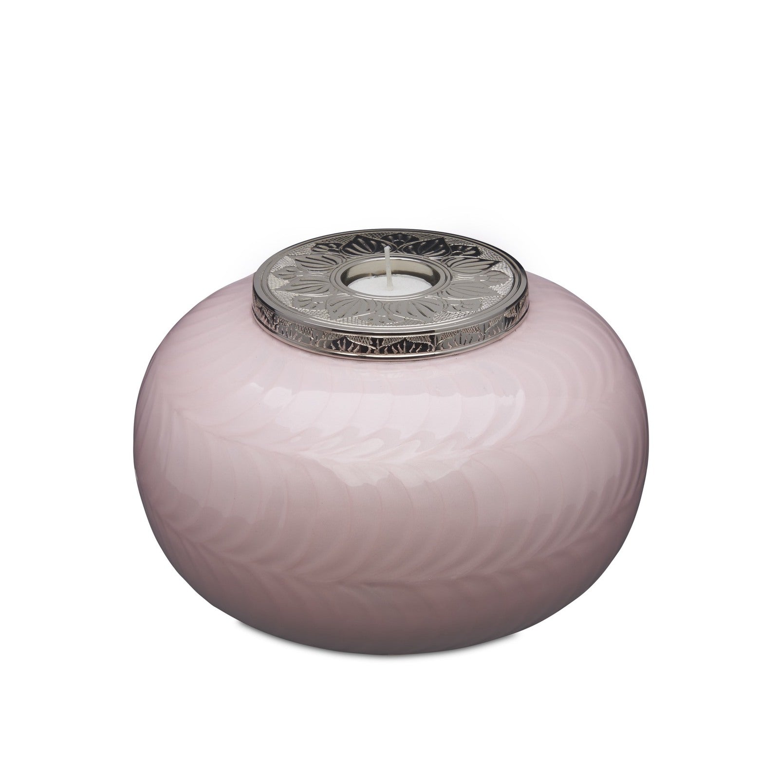 Pink Candle Urn - Adult Cremation with silver lid and elegant leaf pattern, ideal for a stylish and respectful memorial tribute.