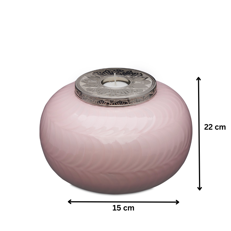 Elegant Pink Candle Urn for Adult Cremation, featuring silver detailing and dimensions of 22 cm height by 15 cm width for a refined keepsake.