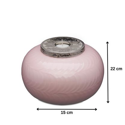 Elegant Pink Candle Urn for Adult Cremation, featuring silver detailing and dimensions of 22 cm height by 15 cm width for a refined keepsake.