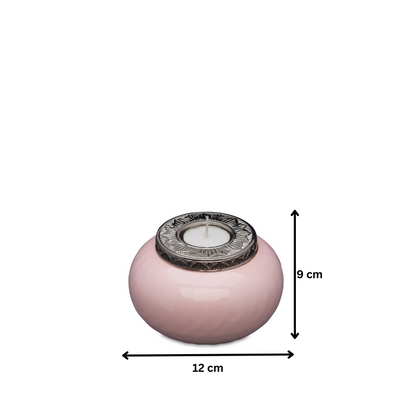 Pink and Silver Candle Urn Keepsake measuring 12 cm wide and 9 cm tall, featuring a decorative silver rim and soft pink ceramic body.