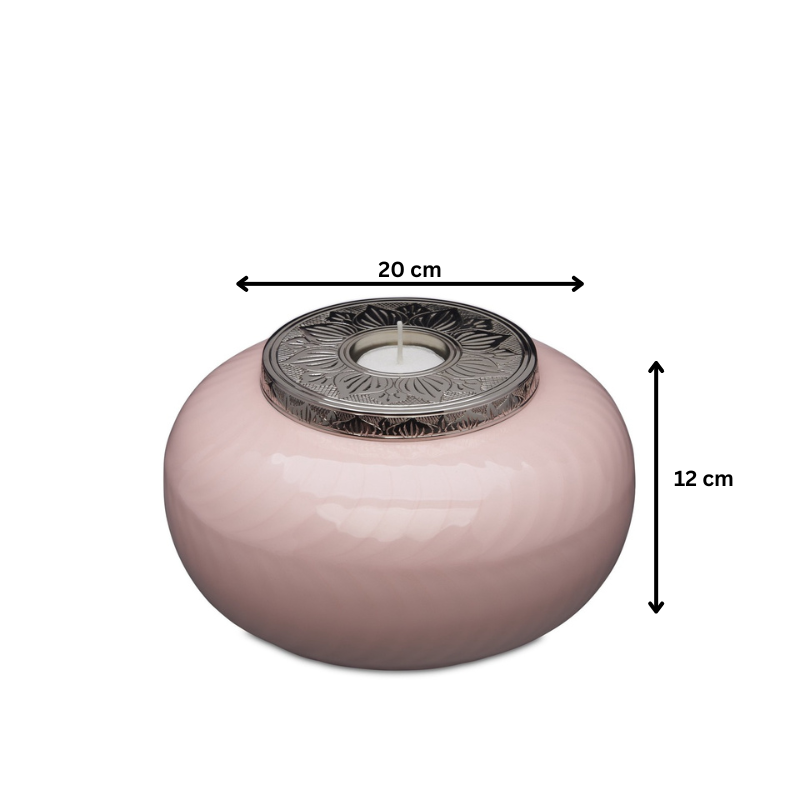 Pink and silver medium candle urn measuring 20 cm wide and 12 cm tall, perfect for stylish and warm interior decoration.
