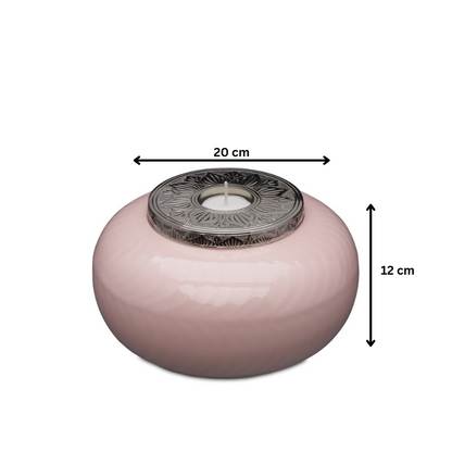 Pink and silver medium candle urn measuring 20 cm wide and 12 cm tall, perfect for stylish and warm interior decoration.