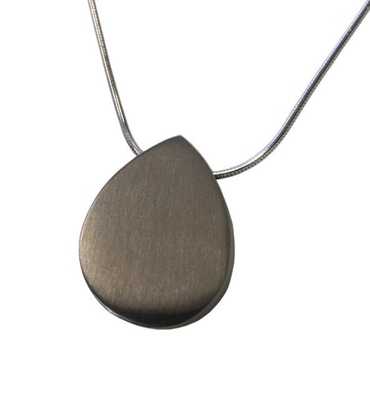 Flat Tear Drop Cremation Pendant - Stainless Steel | Durable & Engravable teardrop-shaped memorial necklace with smooth matte finish on a snake chain.