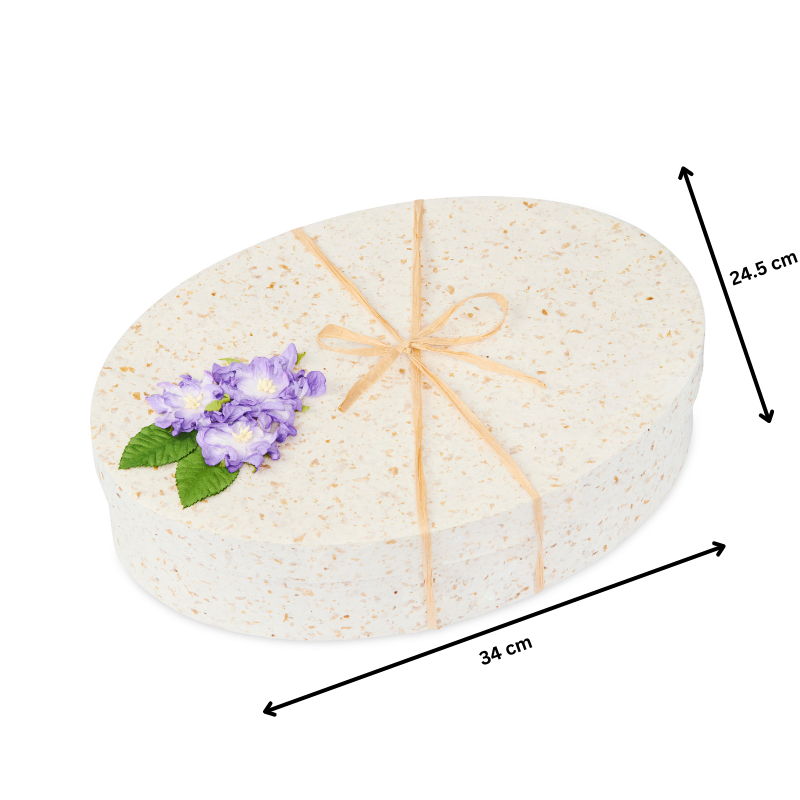 Cornflower Ocean Urn by Life Cycle Urns shown with dimensions 34 cm x 24.5 cm, highlighting its eco-friendly, floral-accented memorial design.