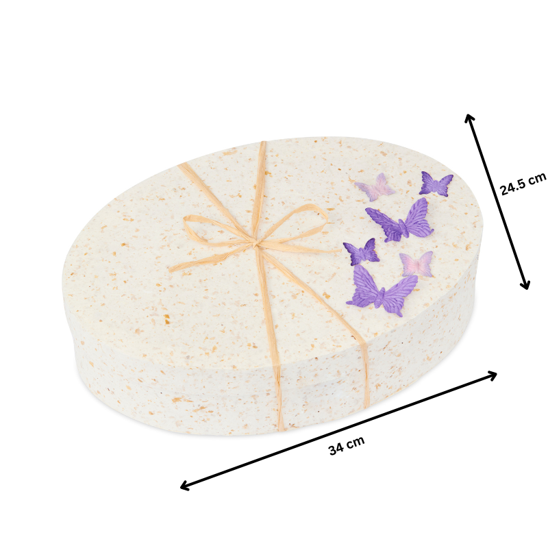 Biodegradable Ocean Urn by Life Cycle Urns with purple butterflies, shown with dimensions 34 cm by 24.5 cm, ideal for memorial keepsakes.