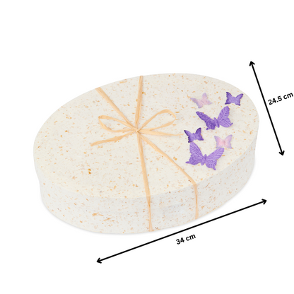 Biodegradable Ocean Urn by Life Cycle Urns with purple butterflies, shown with dimensions 34 cm by 24.5 cm, ideal for memorial keepsakes.