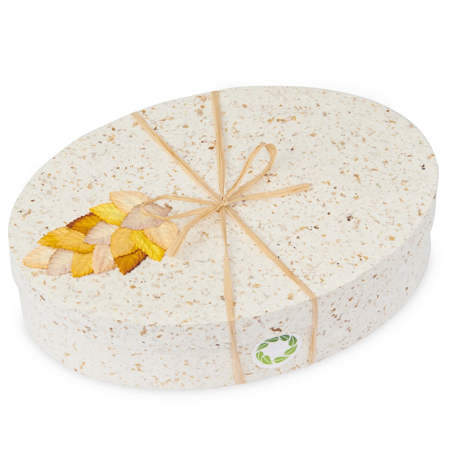 Ocean Urn Autumn Leaves by Life Cycle Urns features a biodegradable oval design with pressed autumn leaves, ideal for eco-friendly memorials.