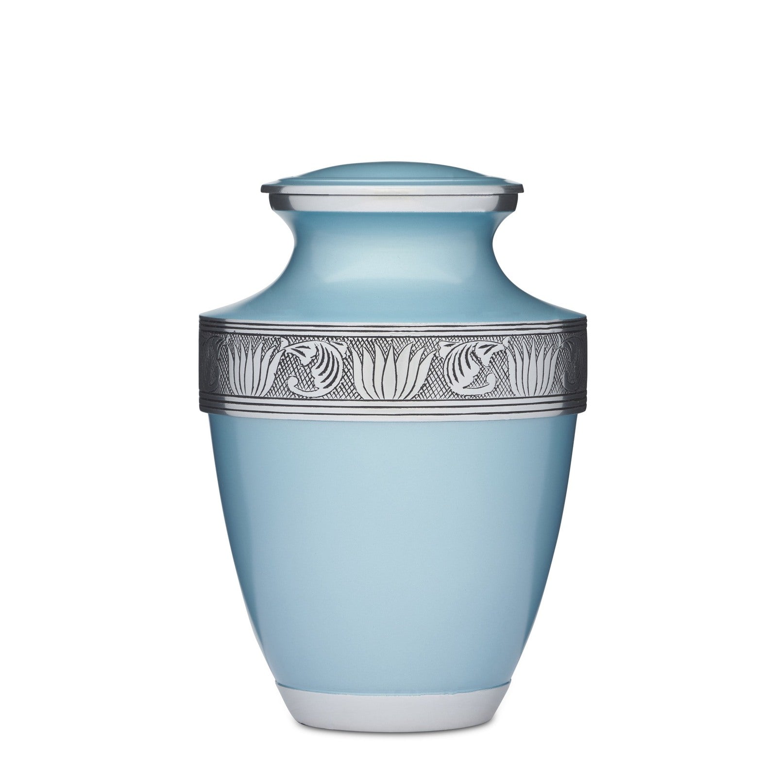 Teal Alloy Urn - Teal Cremation Urn with silver floral band, crafted from durable alloy for a timeless memorial piece.