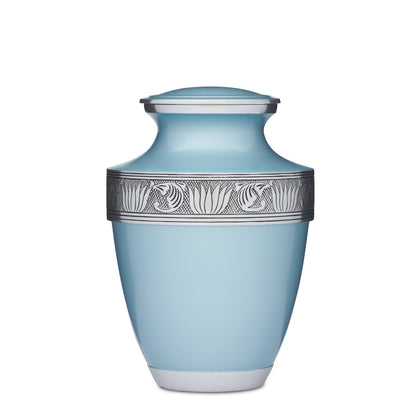 Teal Alloy Urn - Teal Cremation Urn with silver floral band, crafted from durable alloy for a timeless memorial piece.
